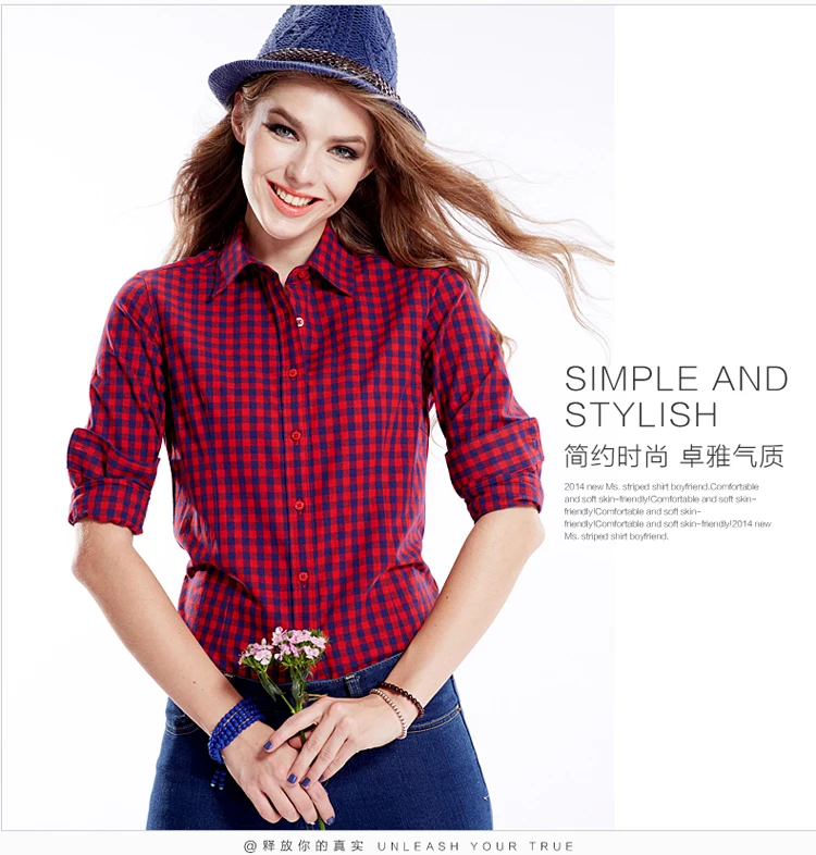 

New Cotton Casual Button Down Lapel Neck Plaids Checks Flannel Shirts Women Long Sleeve Tops Blouse