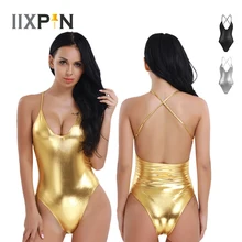 Женские блестящие балетные костюмы для взрослых из лакированной кожи для танцев, тонкие бретельки с глубоким v-образным вырезом, монокини, облегающие танцевальные трико