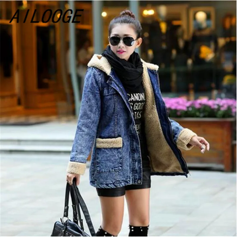 

AILOOGE Winter women warm denim parkas jacket Jeans Lambswool Fur Coat casual ladies warm Hoodies Outwear Thick coat Jacket