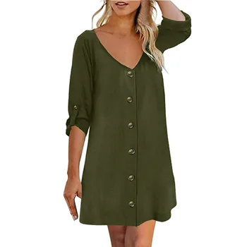 

Halter Dress Sleeveless Female Women's Roll Tab 3/4 Sleeve V Neck Button Down Casual Flowy Mini Tunic Party Dress Plus Size 40