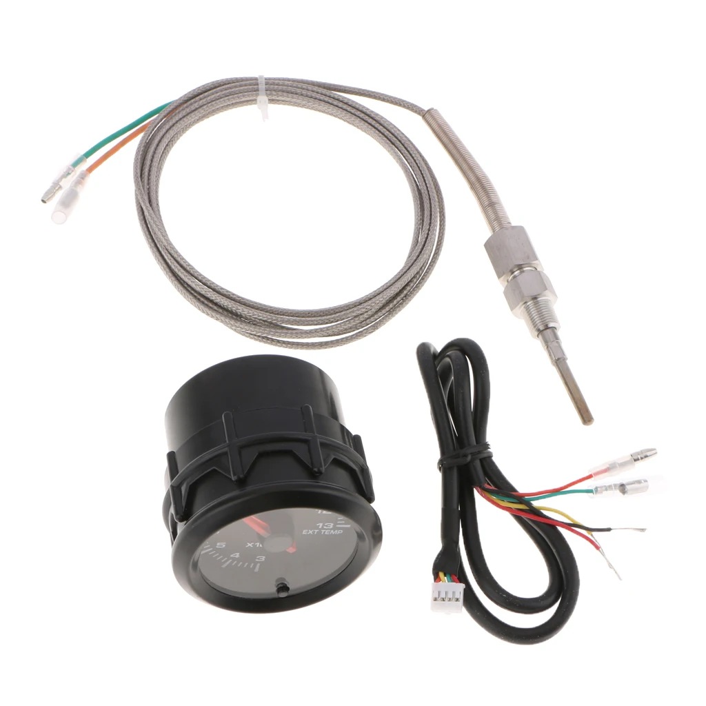 2'52mm 7 Color LED Car Exhaust Gas Temp Gauge EXT Temp Meter EGT With Sensor Blue Digital Voltage Display and Warning Function