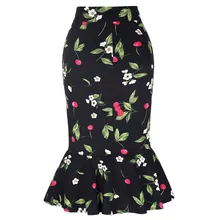 Элегантный Русалка обтягивающая юбка женские летние карандаш Винтаж с оборкой, с высокой посадкой для работы в офисе, с принтом в виде вишен миди-юбка saia faldas