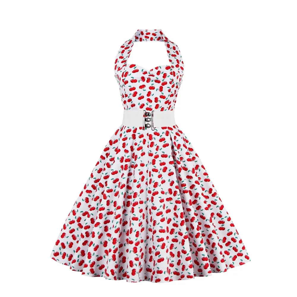 

Plus Size Dress 4XL Retro Audrey Hepburn Halter Polka Dot Vintage Dressses 50s 60s Rockabilly Belted Cherry Dress Summer Vestido