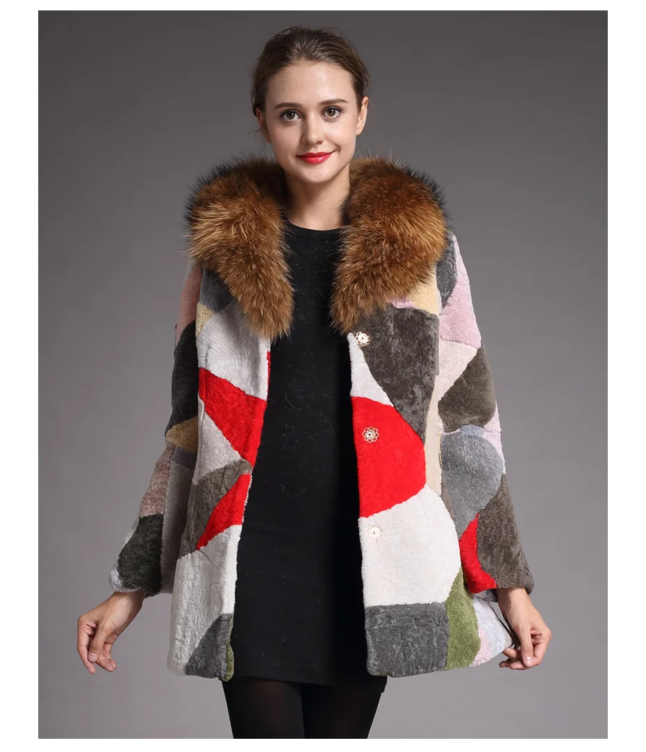 Модное женское пальто из натуральной овчины, зимнее теплое шерстяное пальто, воротник из натурального меха енота, женская верхняя одежда, куртка для стрижки овец