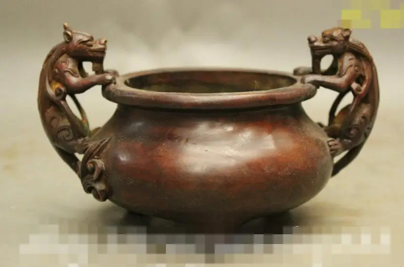 

S03753 6" Marked Chinese Buddhism Bronze Dragon Handle Statue Incense Burner Censer Jar