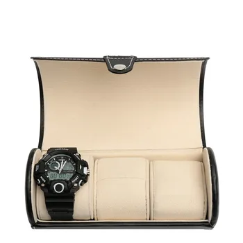 

LISM Black 3 Slot Cylindrical Watch Travel Case Leather Roll Jewelry Watch Storage Holder Watchbox Case Collector Organizer