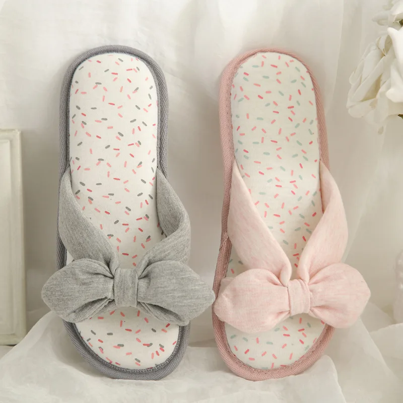 Spring Autumn Open Toe Cotton Slippers Shoes Women Bow Slides Cute Non
