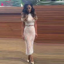 Zwei Stücke Promkleider Bodenlangen Spitze Kurzarm abendkleider Split Elegante importierte-party-kleid zipper zurück Z618