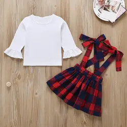 Весенняя однотонная хлопковая футболка с длинными рукавами и рисунком для маленьких девочек, блузка, клетчатая мини-юбка на бретелях