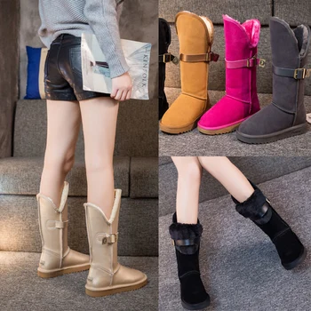 

2017 winter classic brand belt buckle high tube warm snow boots fashion real leather non-slip waterproof inner high boots.