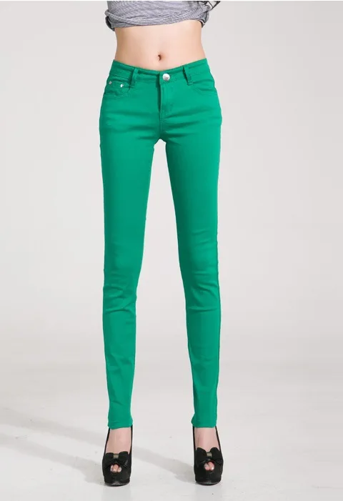 Осенние женские джинсы-карандаш, яркие цвета, средняя талия, полная длина, на молнии, облегающие узкие женские штаны, модные женские джинсы - Цвет: Grass green