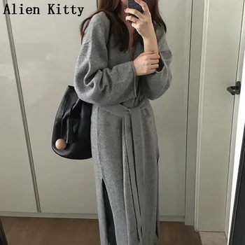

Alien Kitty New Winter Coats Long Open Stitch Fashion Loose Women Coat With Sashes Cotton Keep Warm Solid Soft Female Coats