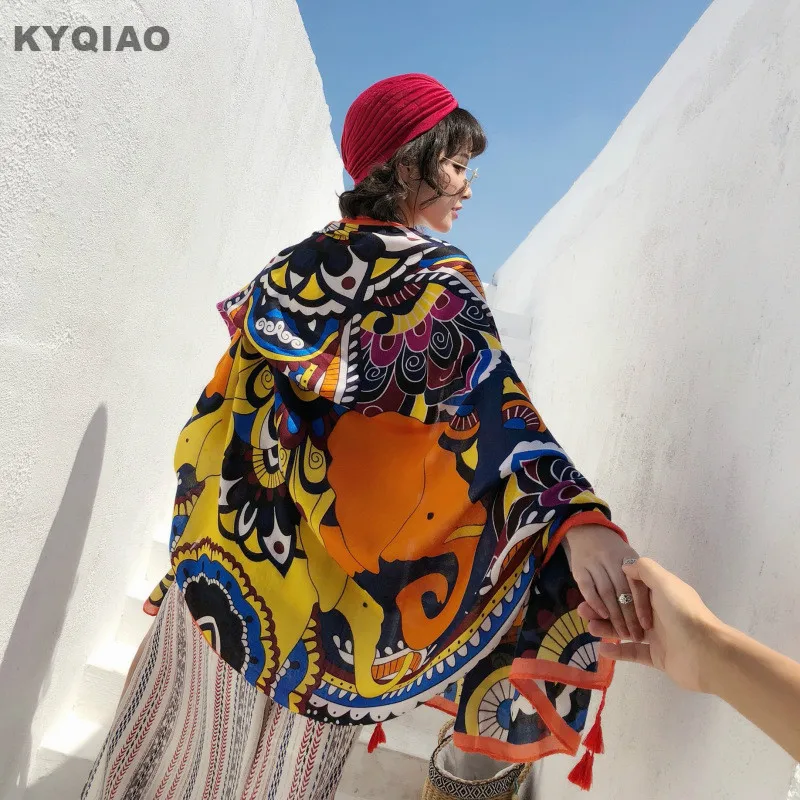 KYQIAO этнический шарф женский Осень Зима Мехико стиль винтажный дизайн длинный принт голова шарф шаль для путешествий накидка