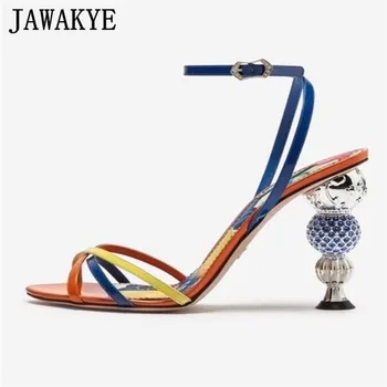 

2019 luxury mixed color sandals women cross strap genuine leather peep toe Crystal diamond spherical high heels party shoes