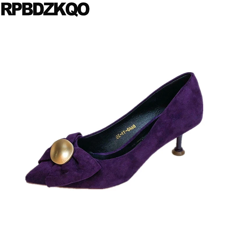 

women pointed toe chic metal purple fashion thin size 4 34 bow black designer slip on 2018 china ladies mid heels shoes suede