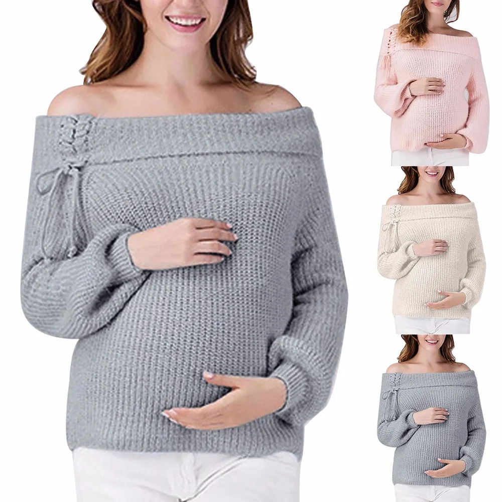 

Puseky Pregnant Women Clothes Pullover Loose Sweaters Winter Casual Solid Knitted Boat Neck Pullovers Winter Maternity Sweaters