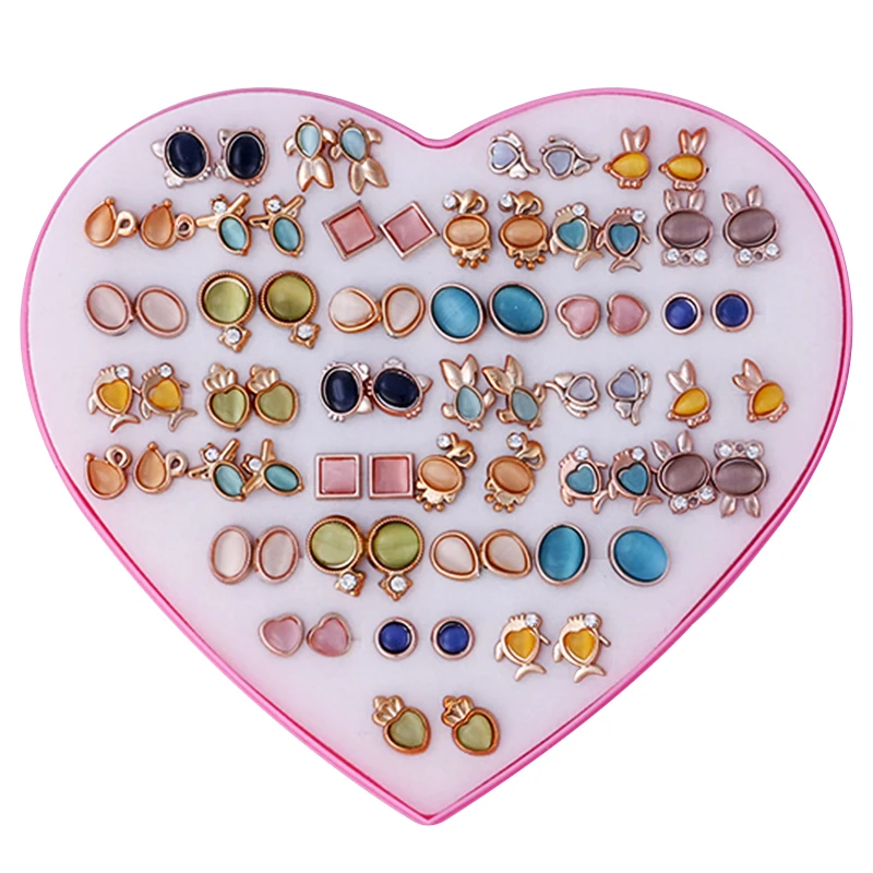 36 пар/лот, модные детские серьги с животными для девочек, новые серьги-гвоздики с геометрическим сердцем для женщин, вечерние ювелирные изделия, подарочная коробка с сердцем