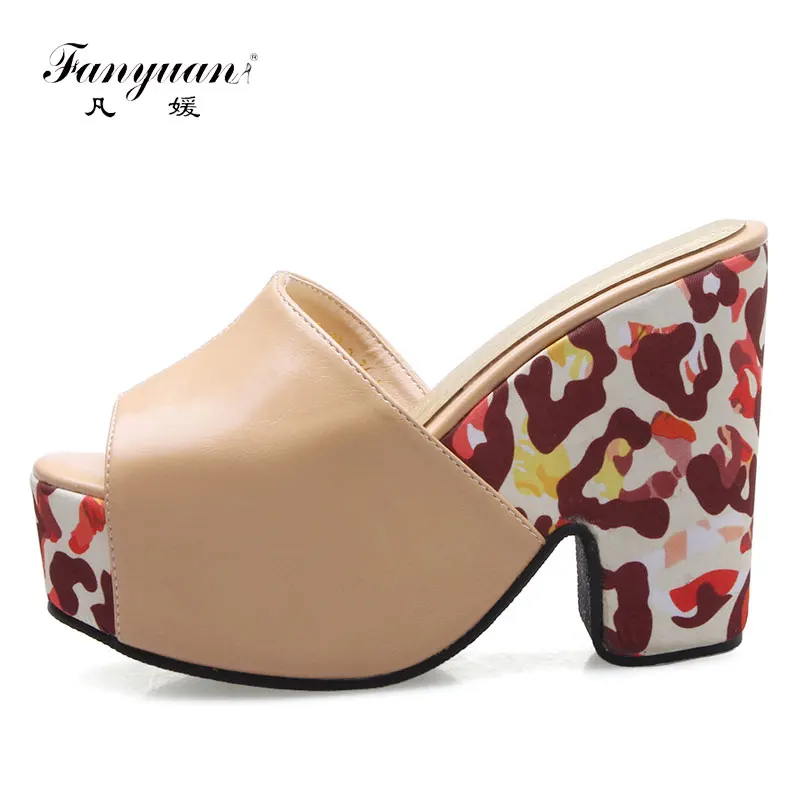 

Fanyuan New Arrival Summer Women shoes Mixed Color Party wear Shoes Basic Block Heels Slides Peep Toe Women's Platform Sandals