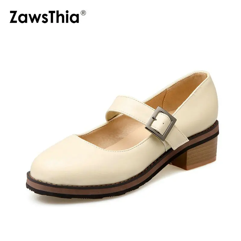 

ZawsThia 2019 spring summer new round toe square chunky heels white pink buckle strap woman ballet shoes mary janes shoes women