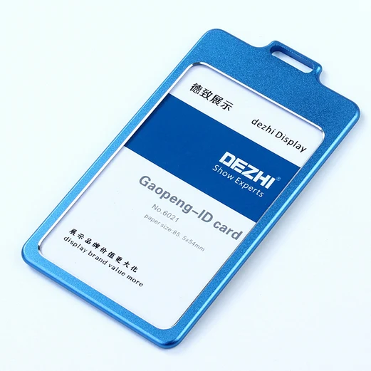 DEZHI High Gloss Business ID Card Holder with 1.5cm Neck Strap,Metal Name Card Case with Lanyard,Customize LOGO Badge Holder blue no lanyard