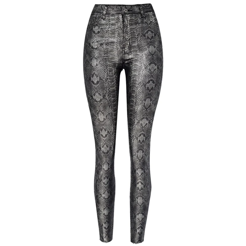 Стрейчевые женские брюки из искусственной кожи со змеиным принтом, узкие брюки, Сексуальные клубные популярные леггинсы, джинсы с высокой талией, уличная одежда в стиле панк - Цвет: Серебристый