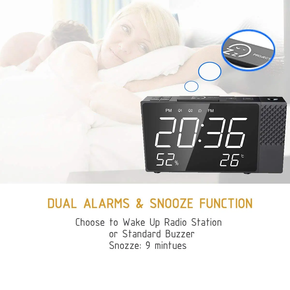 Проекционный Будильник цифровой FM радио Повтор времени влажность температура, led-дисплей двойной Будильник проектор настольные часы