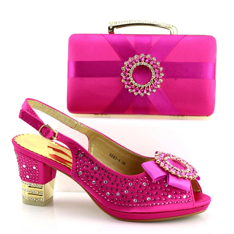 

Latest Italian Shoes with Matching Bags Set Decorated with Rhinestone Fuchsia Nigerian Wedding Shoes and Bag Set Party Shoes Bag