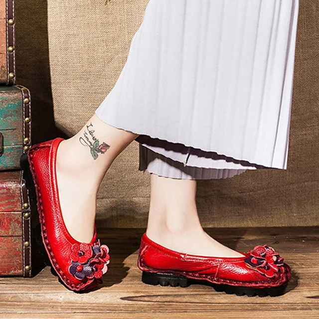 Женская обувь в стиле ретро; мокасины на плоской подошве; обувь ручной работы; женские лоферы; повседневная обувь из натуральной кожи; женские мокасины без застежки - Цвет: Красный