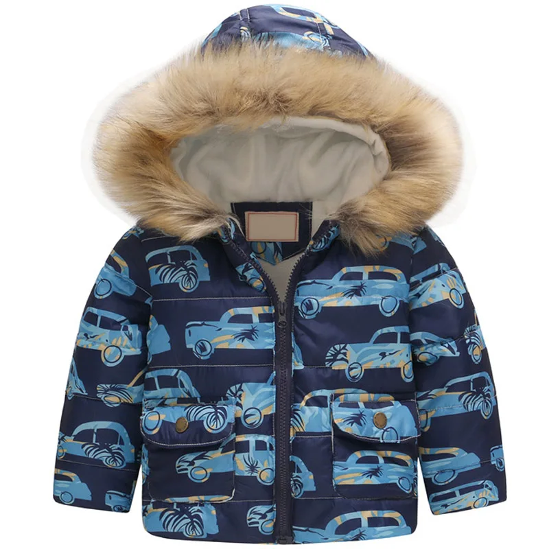 Модная детская куртка с рисунком; пальто для маленьких мальчиков и девочек; зимнее теплое пальто с меховым капюшоном и принтом; Рождественский подарок; верхняя одежда - Цвет: as picture