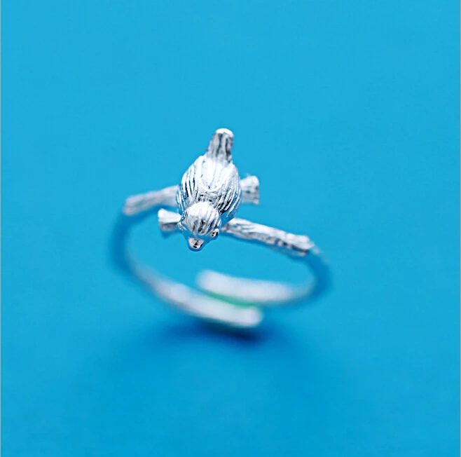 leaf and bird Cute 100% Sterling 925 silver Rings Jewelry  Vintage Adjustable rings for women gift