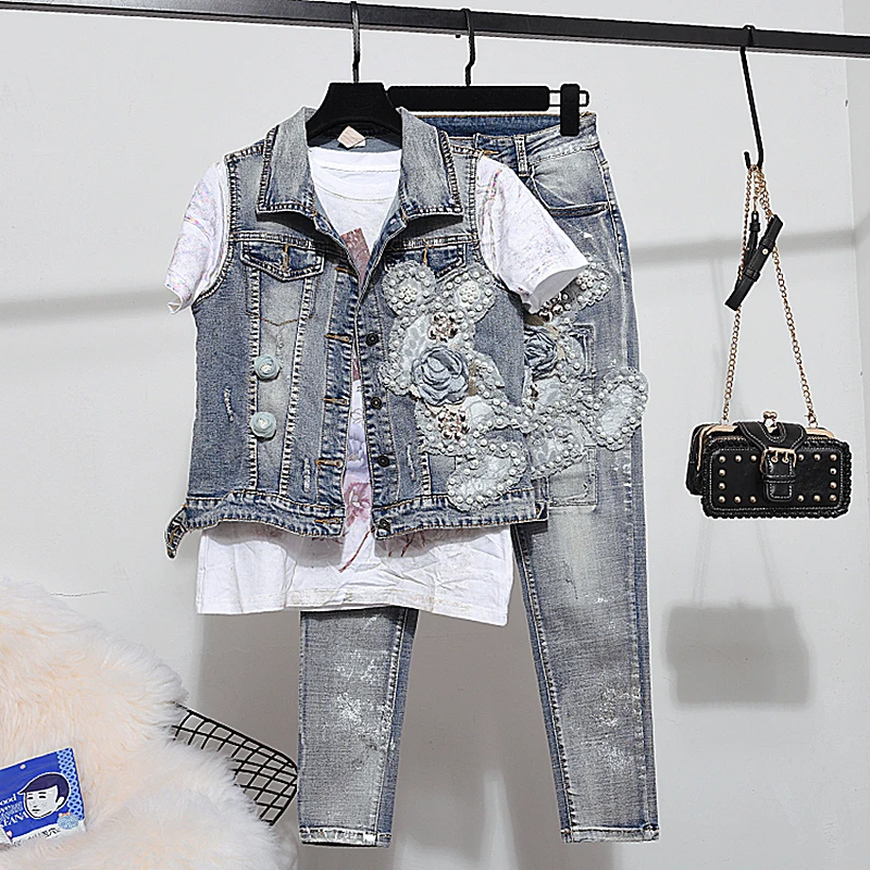 

2019 Spring Autumn New Womens Tops and Pants Suit Ladies Embroidered Beaded Sleeveless Denim Waistcoat +stretch Jeans Trouser
