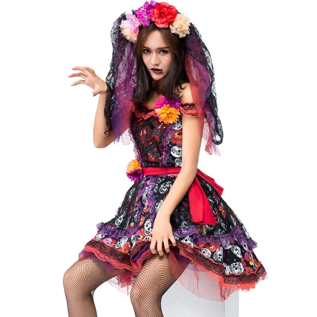 adult women halloween death of day horror corpse bride fiesta costume skull print dress dead sugar