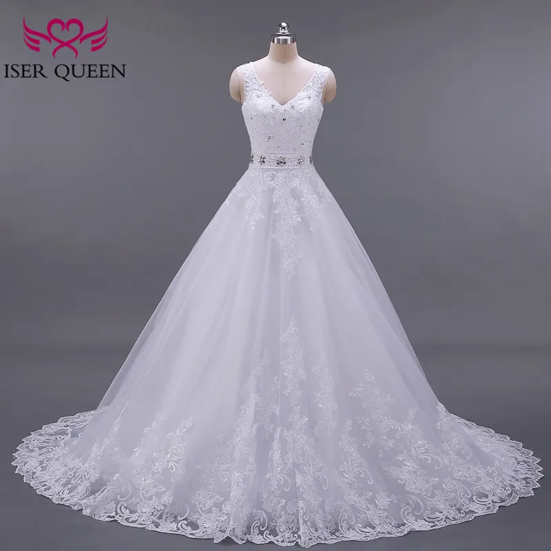Backless  V neck Europe Fashion A line Wedding Dress Customized Sleeveless Crystal Sashes Wedding Gown W0041