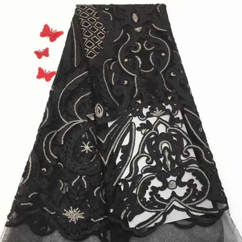 

NEW Black African Lace Fabric High Quality Nigerian French Swiss voile Tulle With Sequins Lace Fabrics 5 yards For Wedding A1126