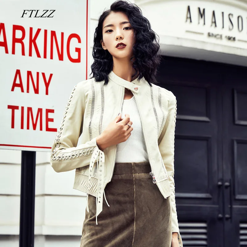 

FTLZZ Spring Women Stand Collar Faux Soft Leather Motorcycle Jacket Coat Zipper Tassel Hollow Out Jacket Female Bomber Overcoat