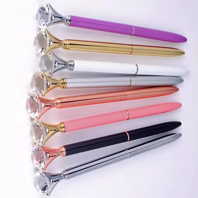 Big carat diamond Crystal Pen Gem Ballpoint pen ring wedding office Metal ring roller ball pen Rose gold silver pink purple