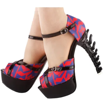 

LF80660 SHOW STORY Punk Skull D-orsay Buckle Cross Over Strappy Platform Bone Heel Club Sandals