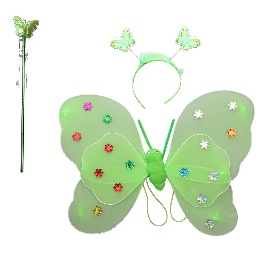 3 x Kids girls Fairy Princess Costume Sets Colorful Stage Wear Butterfly Wings Wand Headband Tutu Skirt Accessory Multi Color 