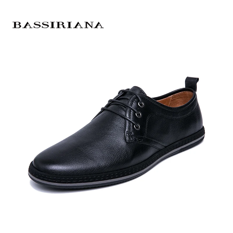 

BASSIRIANA New 2019 Genuine Leather men casual shoes lace up comfortable round toe spring autumn Black dark blue 39-45 size