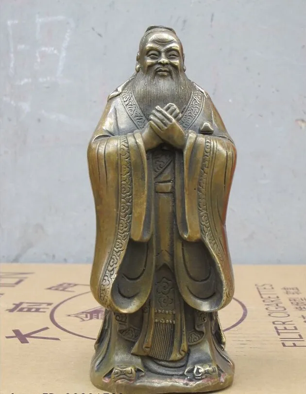

decoration bronze factory Pure Brass Antique Old 7" China Folk Copper Confucius "Kong Zi" Sage Confucianism educator Statue