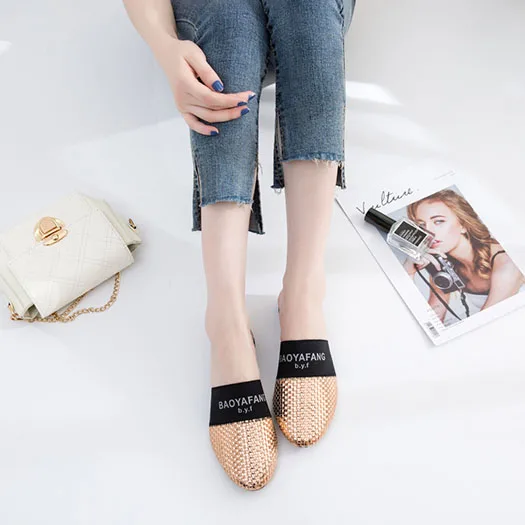 Золотой woven ladies gray round toe gold breathable flats women large size 10 korean mules plus slippers designer shoes china suede - Цвет: Золотой