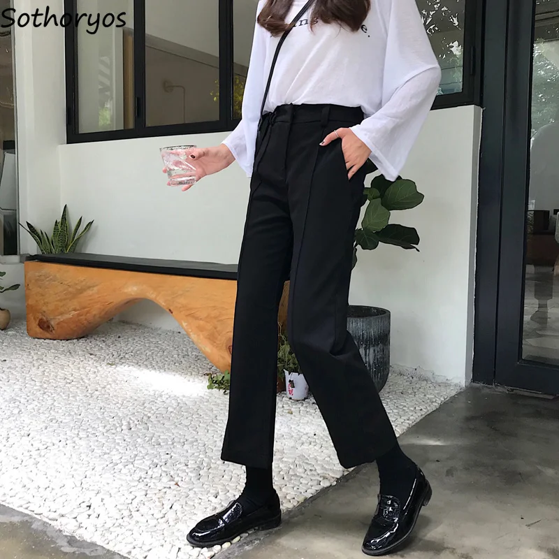 Брюки женские 2018 с высокой талией однотонные простые универсальные прямые свободные элегантные брюки женские модные студенческие