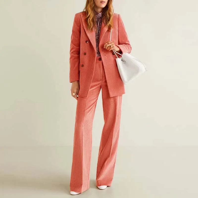2019 New Spring Elegant Corduroy Blazer Coat Solid Office Lady Double Breasted Long Sleeve Women Blazers and Jackets Coat A0877
