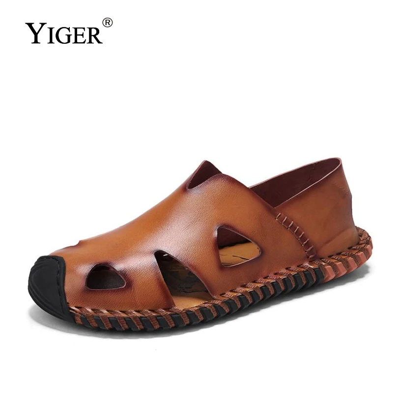 

YIGER New Man Sandals Genuine Leather Large Size Man Leisure Sandals Men Casual Summer Beach Sandals Brown/Black/Yellow 0085