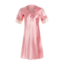 Женская летняя кружевная ледяная шелковая ночная рубашка с коротким рукавом пеньюар однотонный Ночная Рубашка домашняя одежда