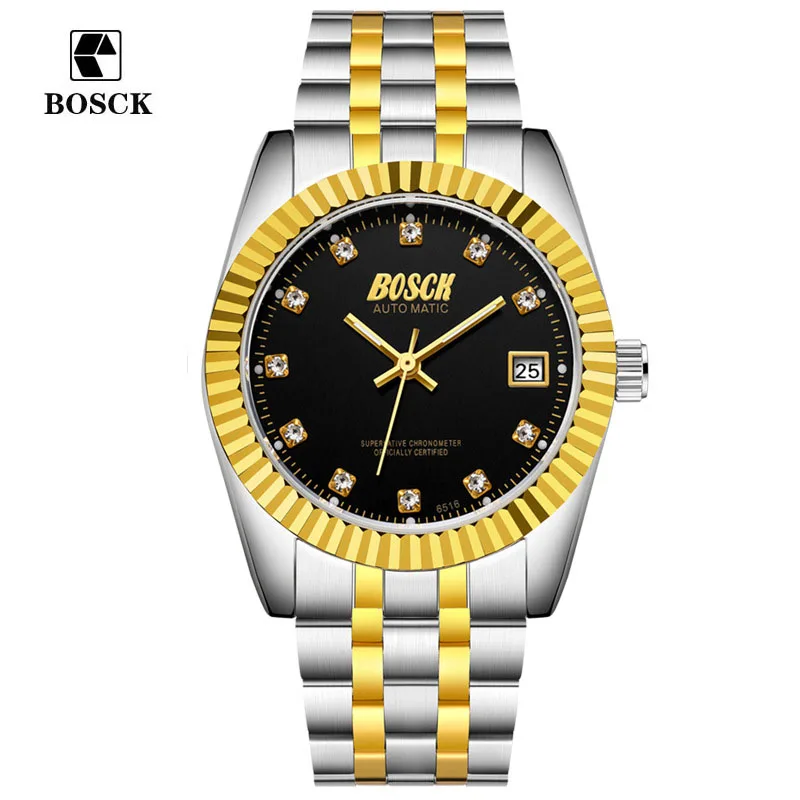 

Bosck Luxury brand stainless steel automatic mechanical watches men fashion Golden waterproof business watch relogio masculino