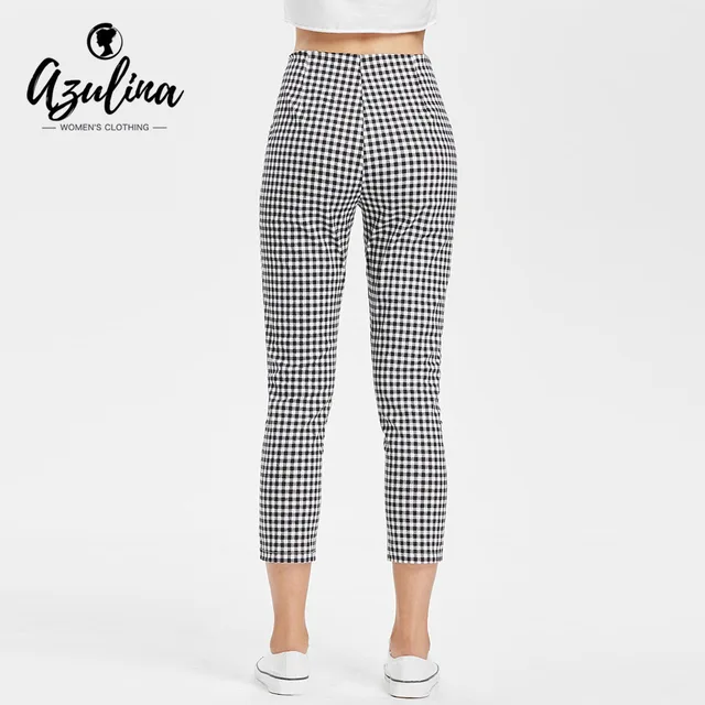AZULINA Gingham Print Plaid High Waisted Slacks Pants Summer Fall Pencil Pants Trousers 2018 Causal Women Pant Zipper Fly Capris 1