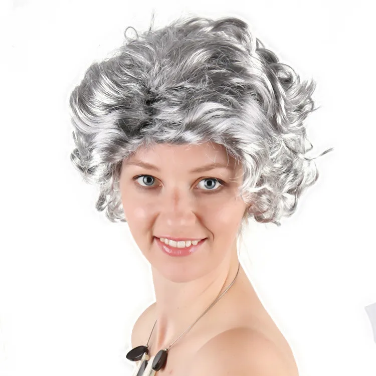 938 6 De Réductionmère Cheveux Argent Gris Boucles Courtes Cosplay Cheveux Vieil Homme Ou Femme Cos Cheveux Courts Mascarade Chapeaux