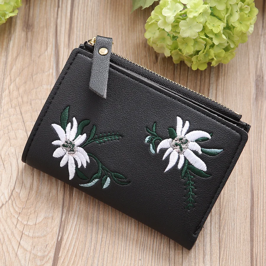 

Fashion Flower Embroidery Women Wallet Lovely Short Leather Wallets Female Coin Purse Cute Girl Hasp Zipper Purse Card Holder