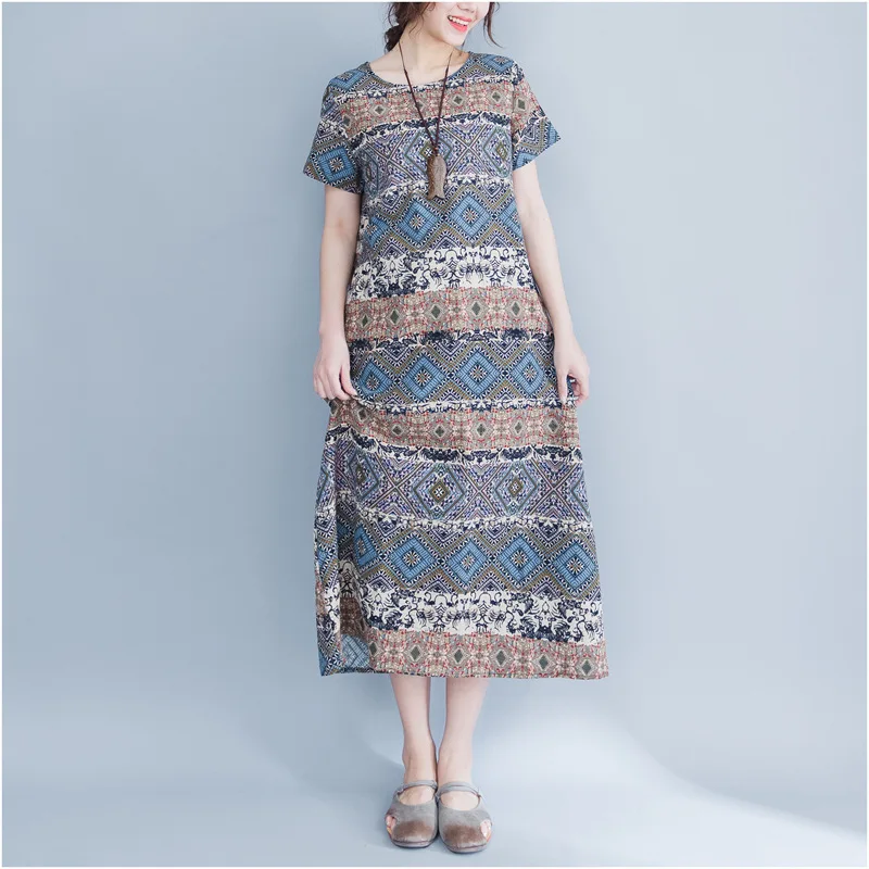 Women Maxi Dress Cotton Short Sleeve Loose Casual Shift Dress, Floral